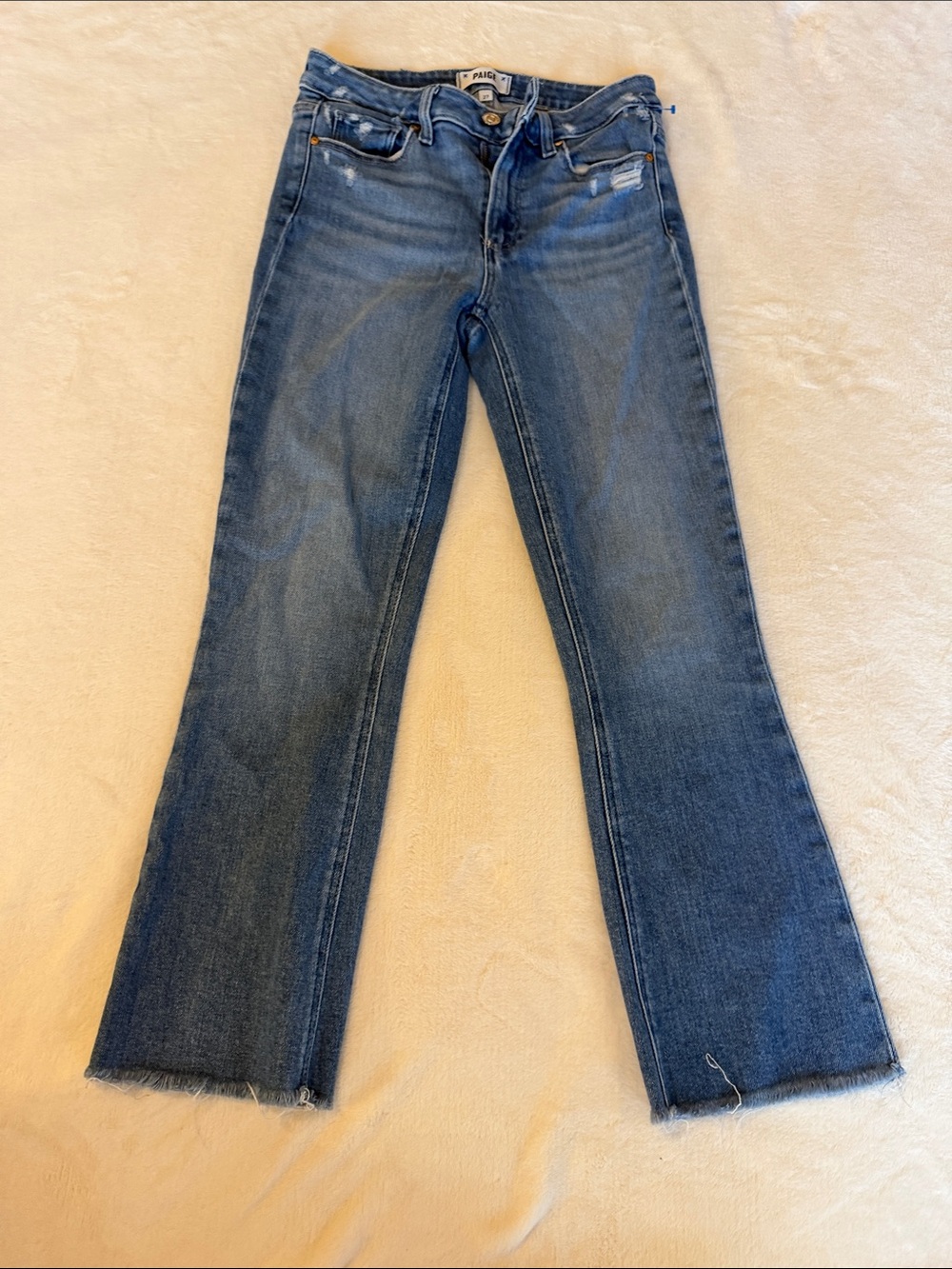 PAIGE Dark Blue Flare Jeans with Raw Hem
